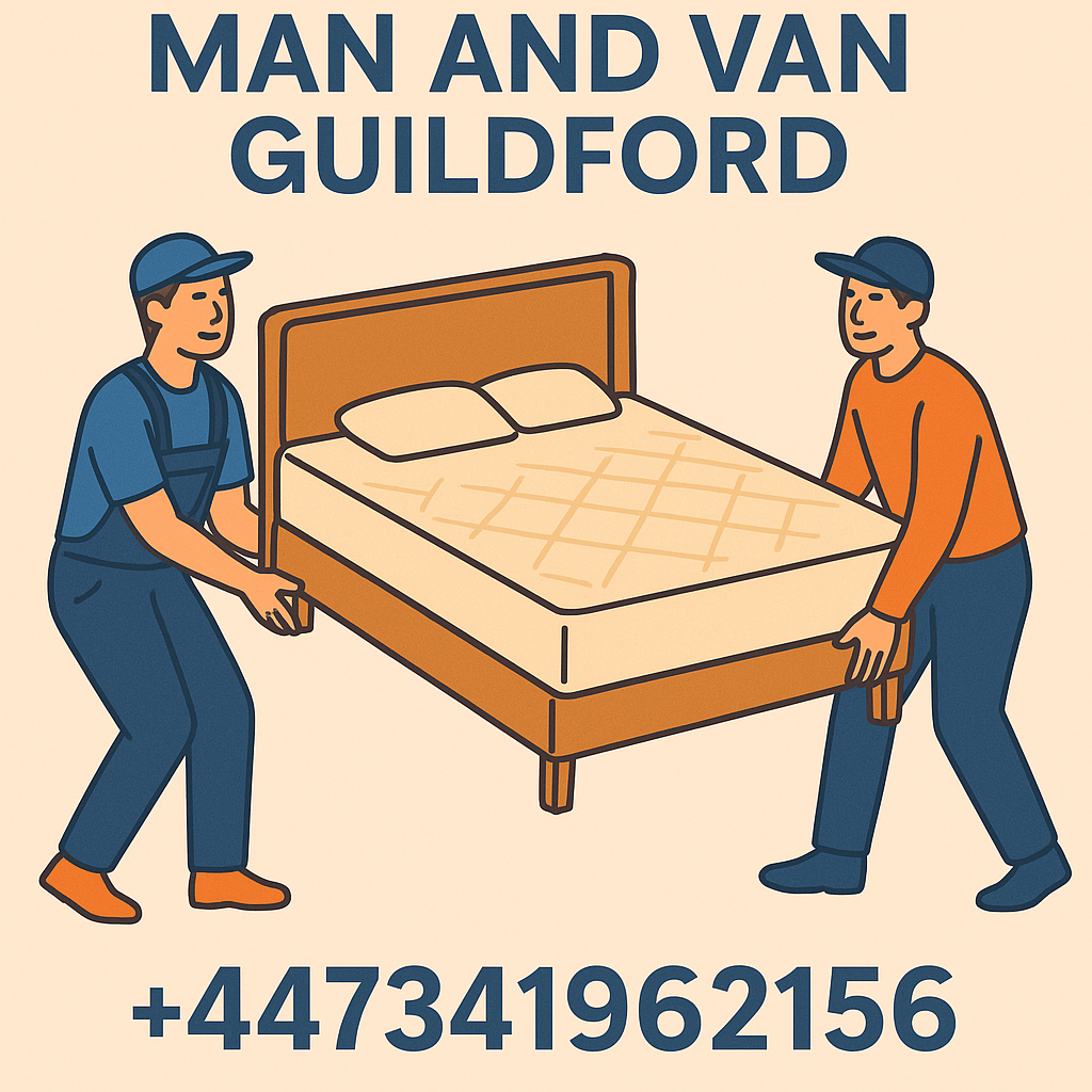 Illustration of Man and Van Guildford moving a bed and mattress, with company name at the top and phone number +447341962156 at the bottom.