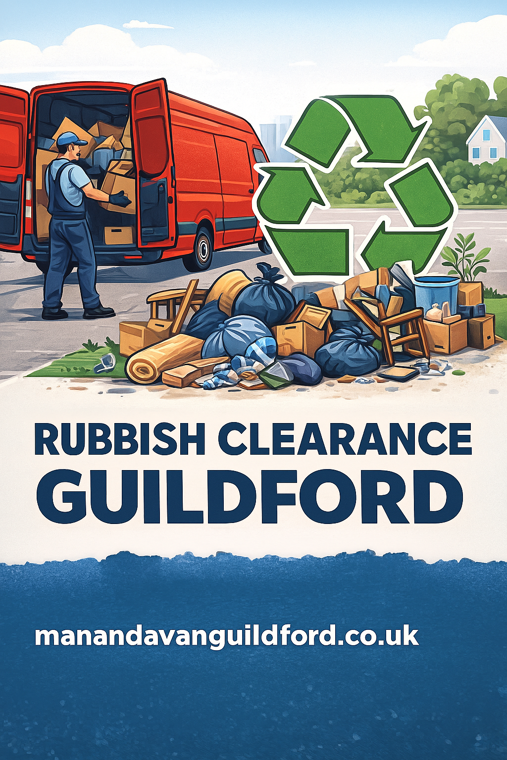 Colourful illustration of Rubbish Clearance Guildford showing waste removal items with manandavanguildford.co.uk displayed at the bottom.