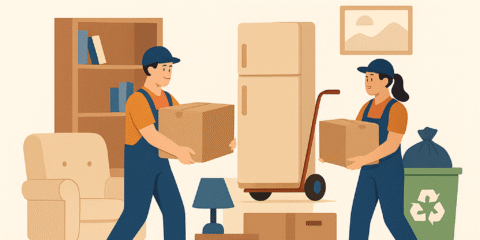 House Clearance Guildford illustration showing professional clearance services with contact phone number.