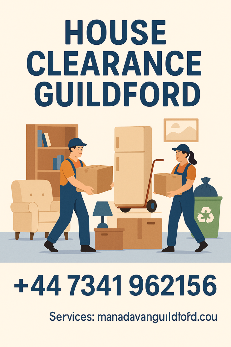 House Clearance Guildford illustration showing professional clearance services with contact phone number.