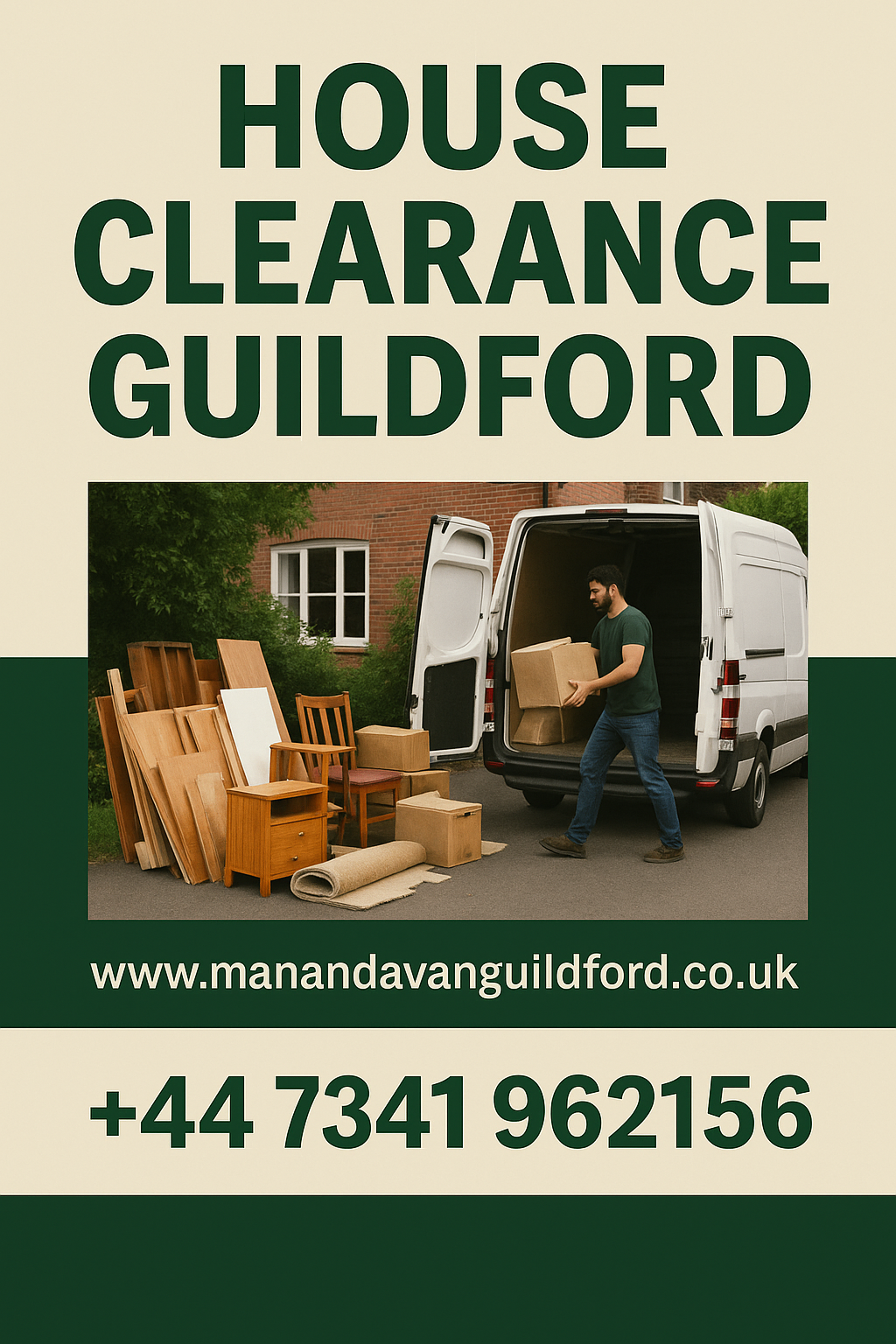 House Clearance Guildford – Professional Clearance & Rubbish Removal Flyer House Clearance Guildford flyer with contact details, website, and professional clearance service branding.