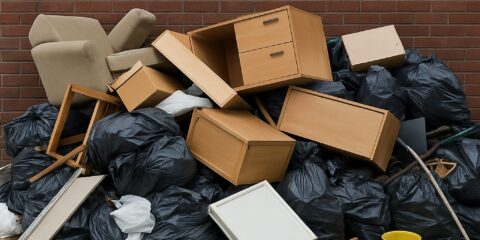 Illustration of professional house clearance services in Guildford with a contact phone number displayed.