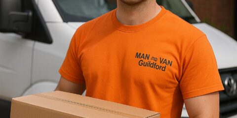 Professional mover in orange t-shirt with Man and Van Guildford logo carrying boxes during a local move in Guildford, UK.