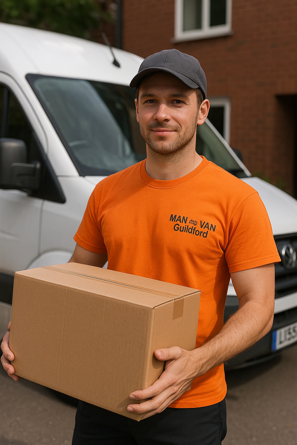 Professional mover in orange Man and Van Guildford t-shirt carrying boxes during a Guildford to Alton move