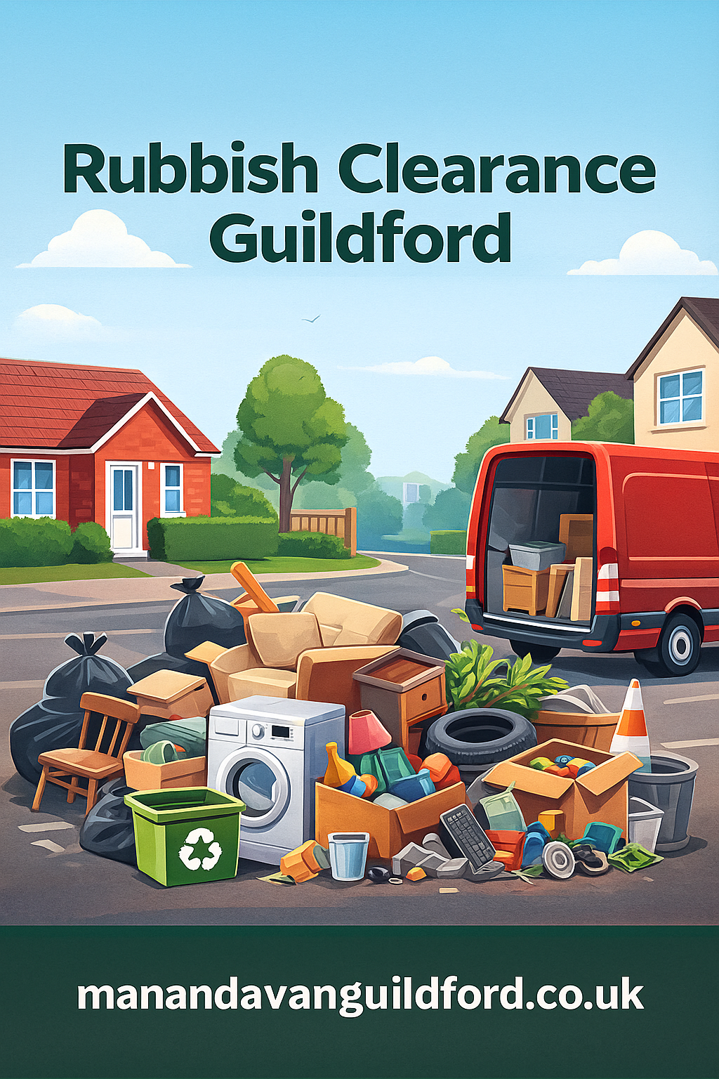 Rubbish Clearance Guildford illustration showing waste removal services with the website manandavanguildford.co.uk displayed at the bottom.