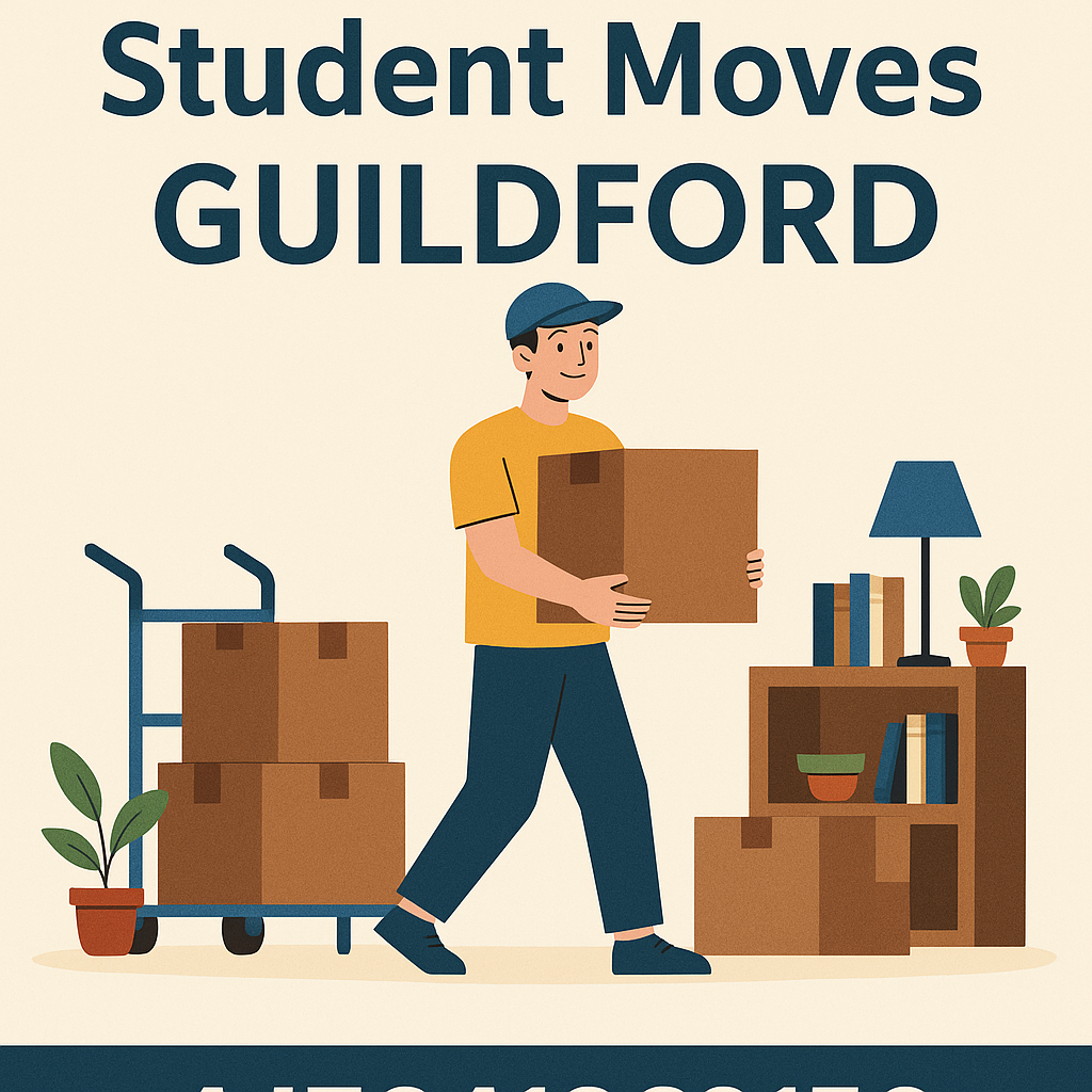 Student Moves Guildford illustration showing students moving boxes with Man and Van Guildford services.