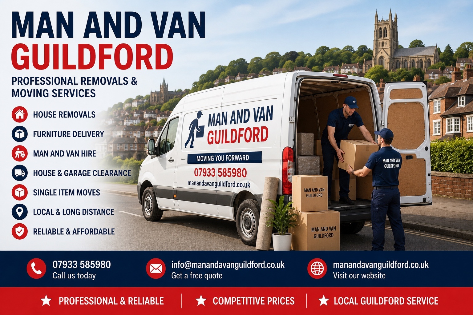 Man and Van Guildford professional removals team loading furniture and moving boxes for a house move in Guildford Surrey